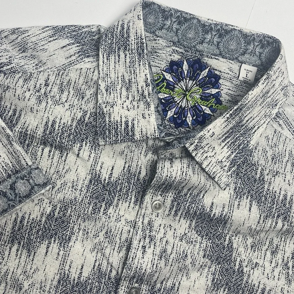 Robert Graham Mens Large Blue White Wave Geometric Short Sleeve Button Up